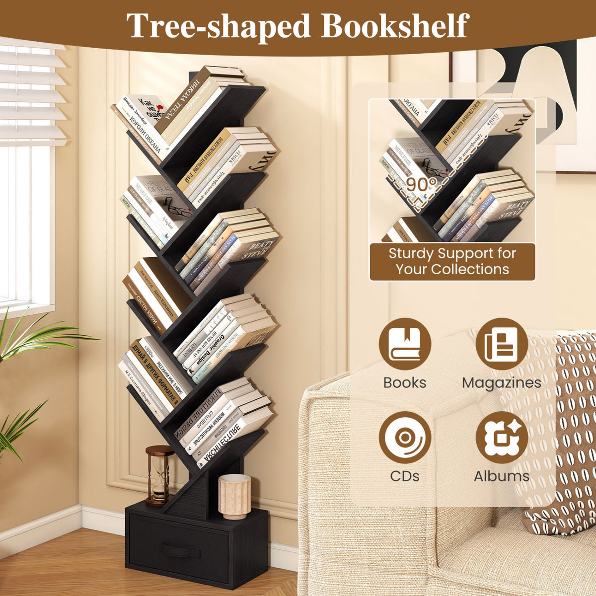 10-Tier Bookshelf with Drawer Free-standing Storage Bookcase-Black view 7