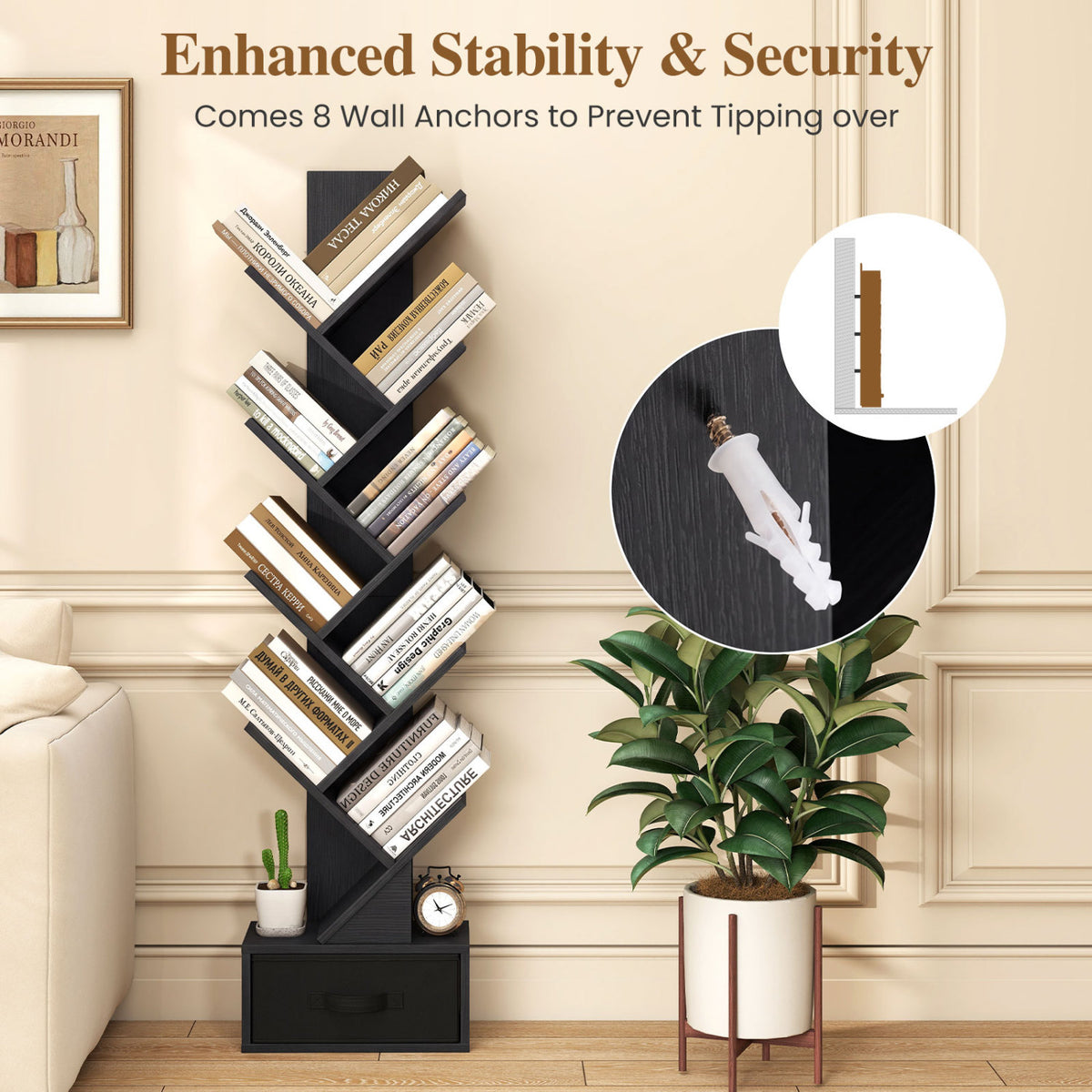 10-Tier Bookshelf with Drawer Free-standing Storage Bookcase-Black view 8