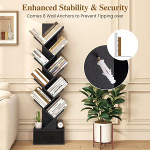 10-Tier Bookshelf with Drawer Free-standing Storage Bookcase-Black view 8