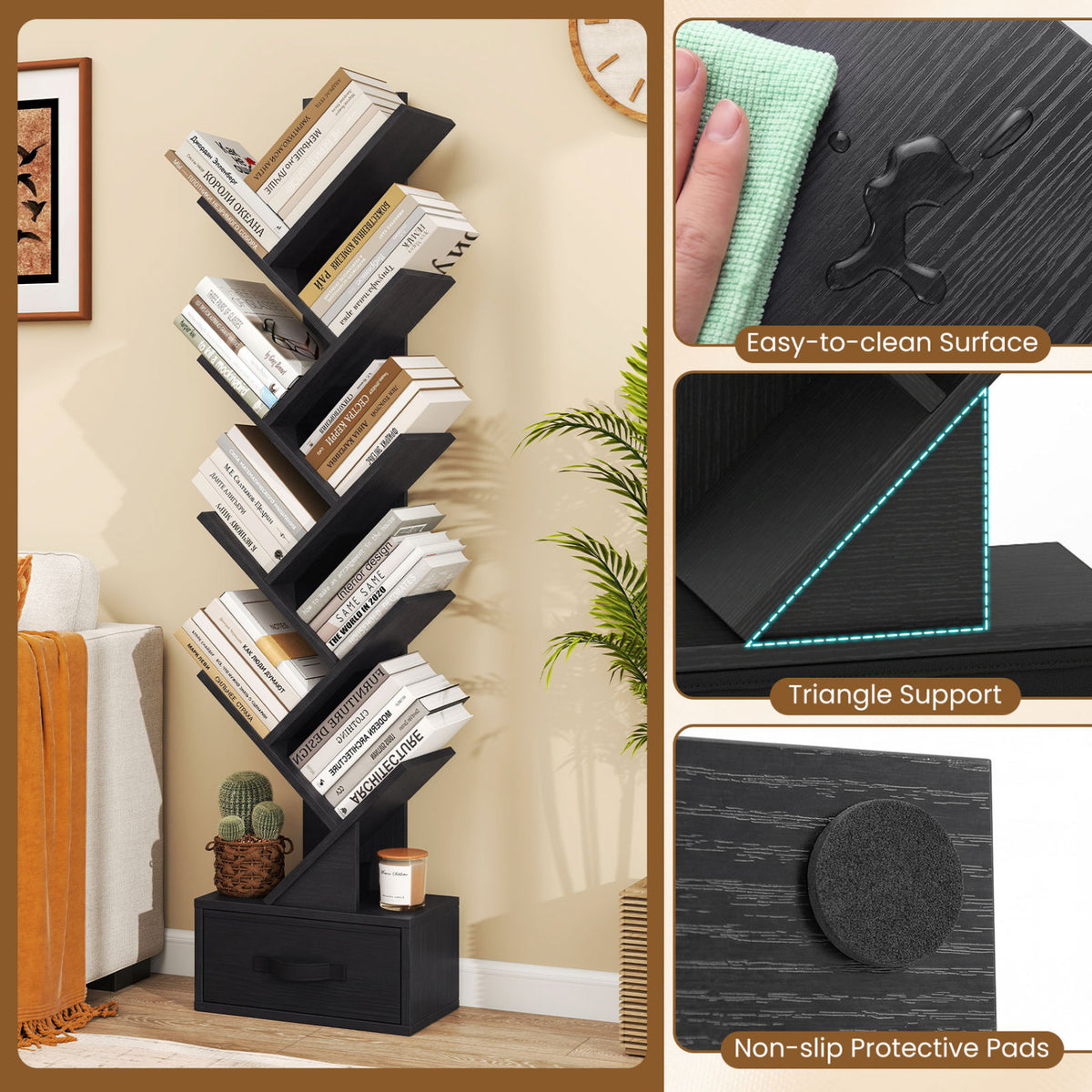 10-Tier Bookshelf with Drawer Free-standing Storage Bookcase-Black view 9