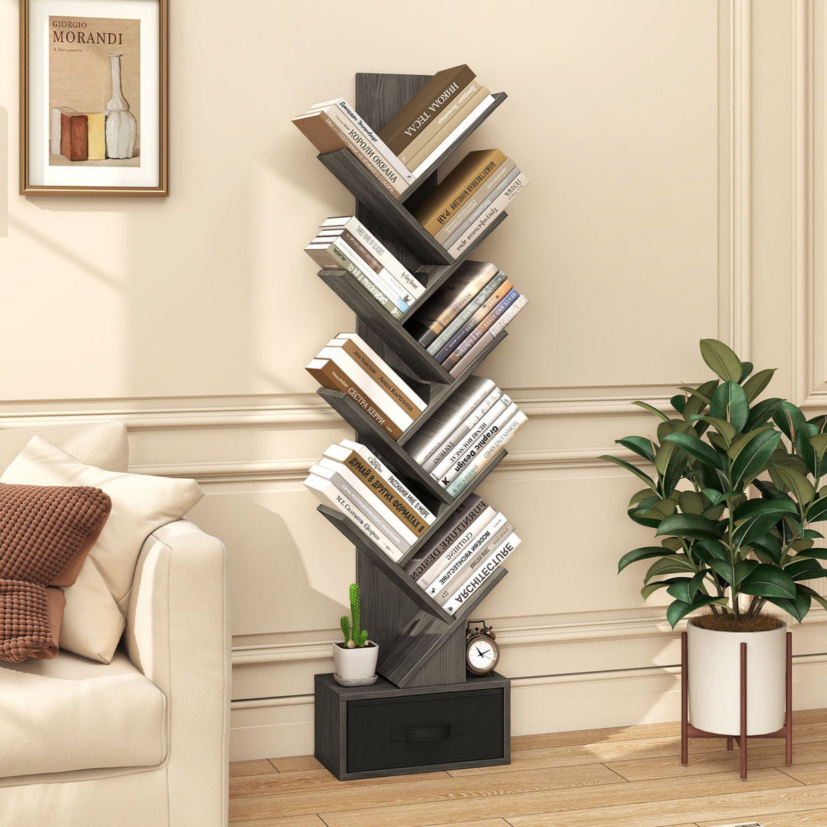10-Tier Bookshelf with Drawer Free-standing Storage Bookcase-Gray & Black view 2