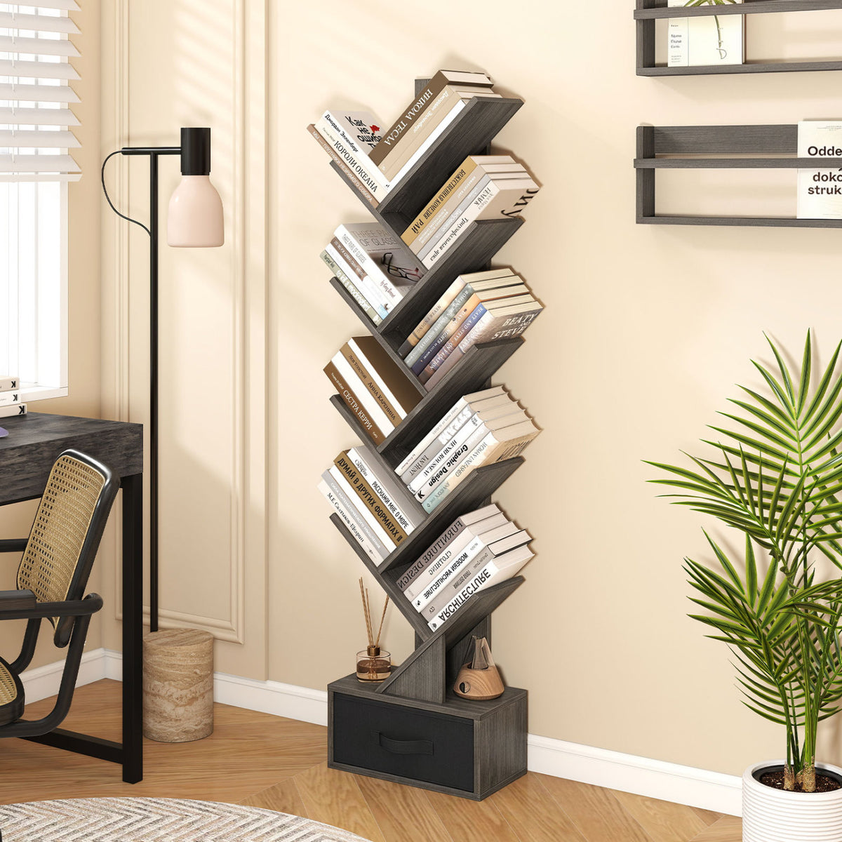 10-Tier Bookshelf with Drawer Free-standing Storage Bookcase-Gray & Black view 3
