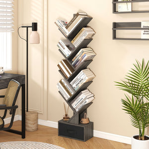 10-Tier Bookshelf with Drawer Free-standing Storage Bookcase-Gray & Black view 3