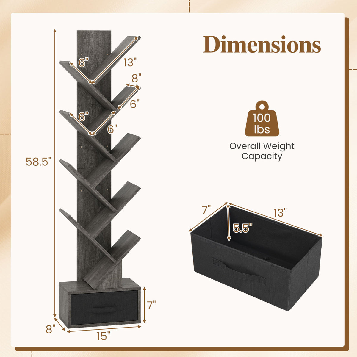 10-Tier Bookshelf with Drawer Free-standing Storage Bookcase-Gray & Black view 5