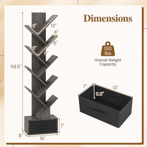 10-Tier Bookshelf with Drawer Free-standing Storage Bookcase-Gray & Black view 5