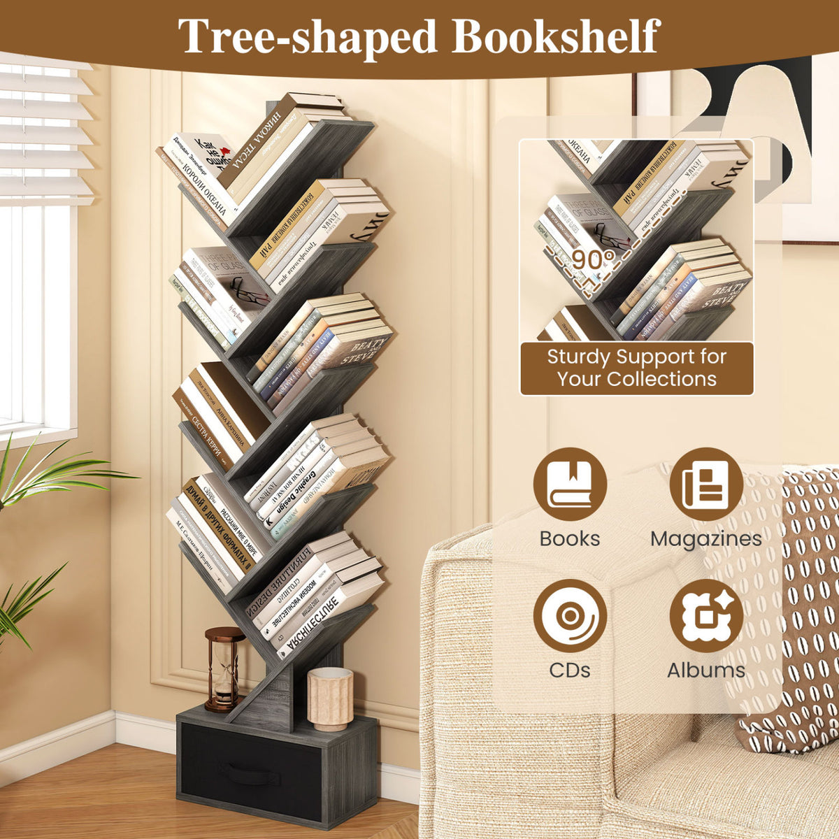 10-Tier Bookshelf with Drawer Free-standing Storage Bookcase-Gray & Black view 7