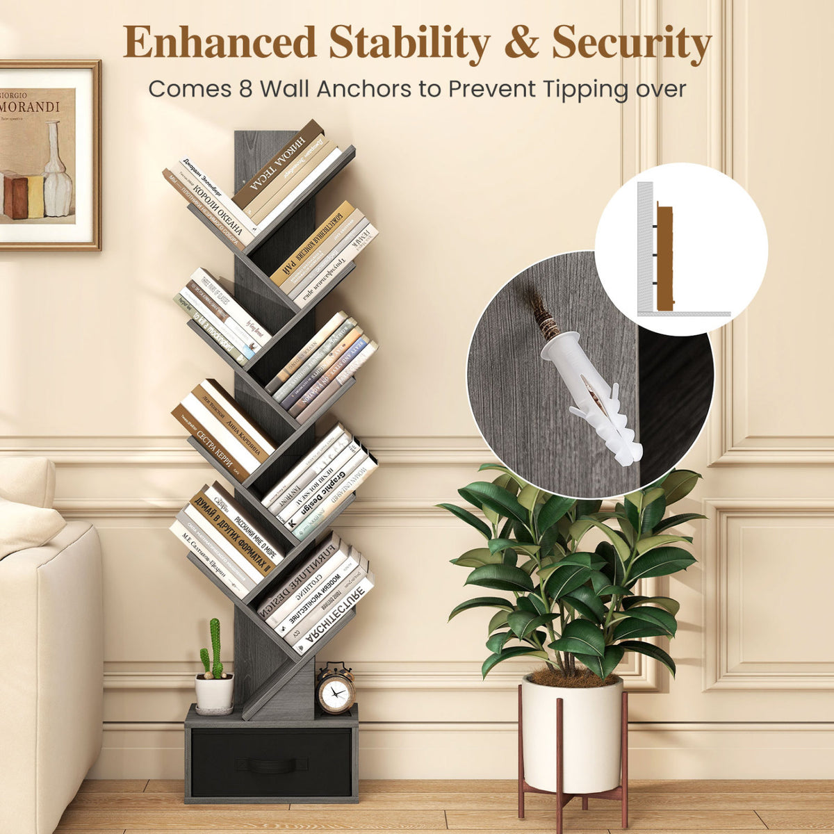 10-Tier Bookshelf with Drawer Free-standing Storage Bookcase-Gray & Black view 8