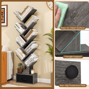 10-Tier Bookshelf with Drawer Free-standing Storage Bookcase-Gray & Black view 9