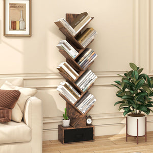 10-tier Tree Bookshelf with Drawer Free-standing Storage Bookcase view 2