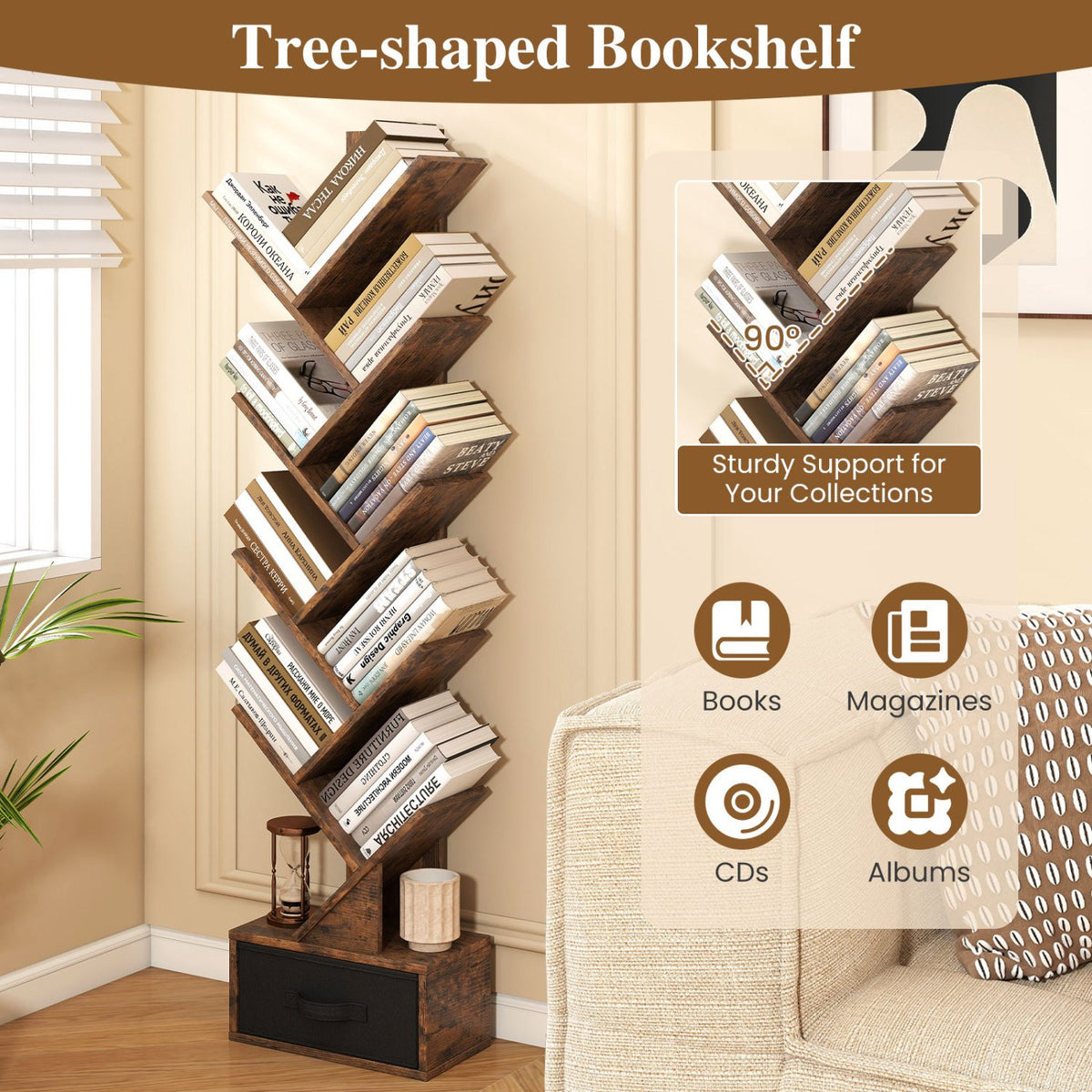 10-tier Tree Bookshelf with Drawer Free-standing Storage Bookcase view 7