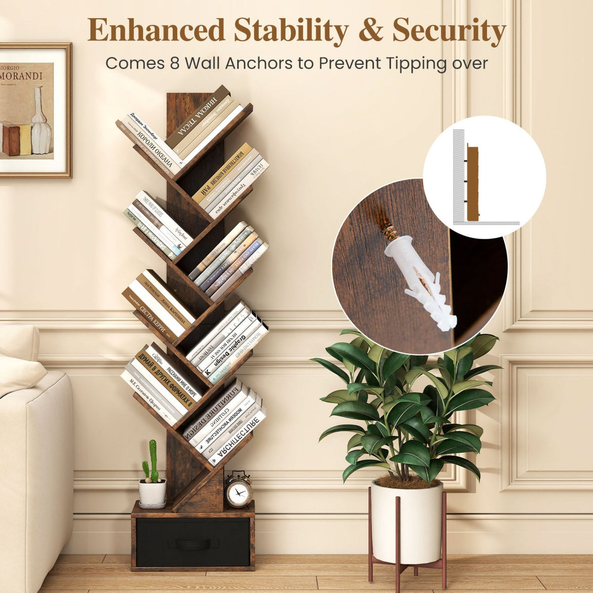 10-tier Tree Bookshelf with Drawer Free-standing Storage Bookcase view 8
