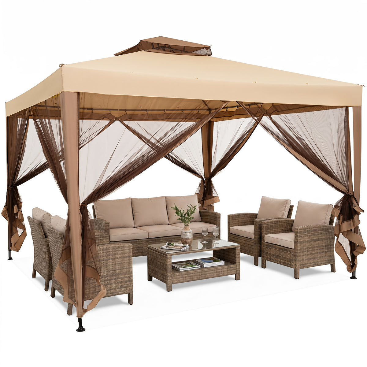 10 x 10 Feet Patio Canopy Gazebo with Neting and Double Tiered Roof-Yellow