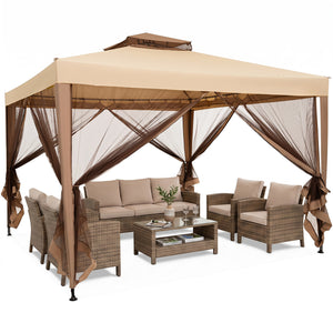 10 x 10 Feet Patio Canopy Gazebo with Neting and Double Tiered Roof-Yellow