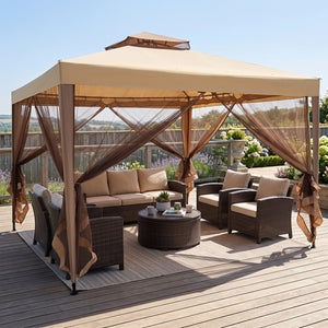 10 x 10 Feet Patio Canopy Gazebo with Neting and Double Tiered Roof-Yellow view 2
