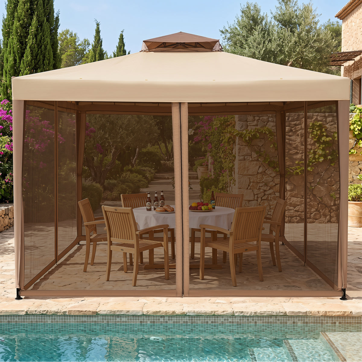 10 x 10 Feet Patio Canopy Gazebo with Neting and Double Tiered Roof-Yellow view 3