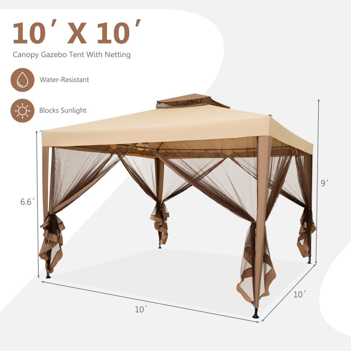 10 x 10 Feet Patio Canopy Gazebo with Neting and Double Tiered Roof-Yellow view 4