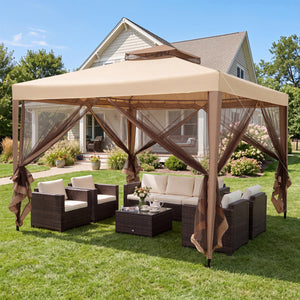 10 x 10 Feet Patio Canopy Gazebo with Neting and Double Tiered Roof-Yellow view 5