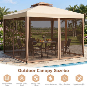 10 x 10 Feet Patio Canopy Gazebo with Neting and Double Tiered Roof-Yellow view 7