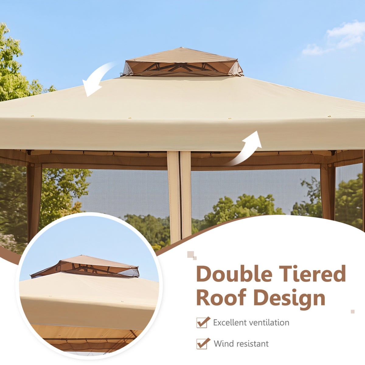 10 x 10 Feet Patio Canopy Gazebo with Neting and Double Tiered Roof-Yellow view 8