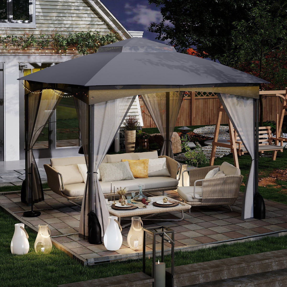 10 X 10 FT Heavy-Duty Patio Gazebo with Netting Walls and 4 Sandbags-Gray view 2