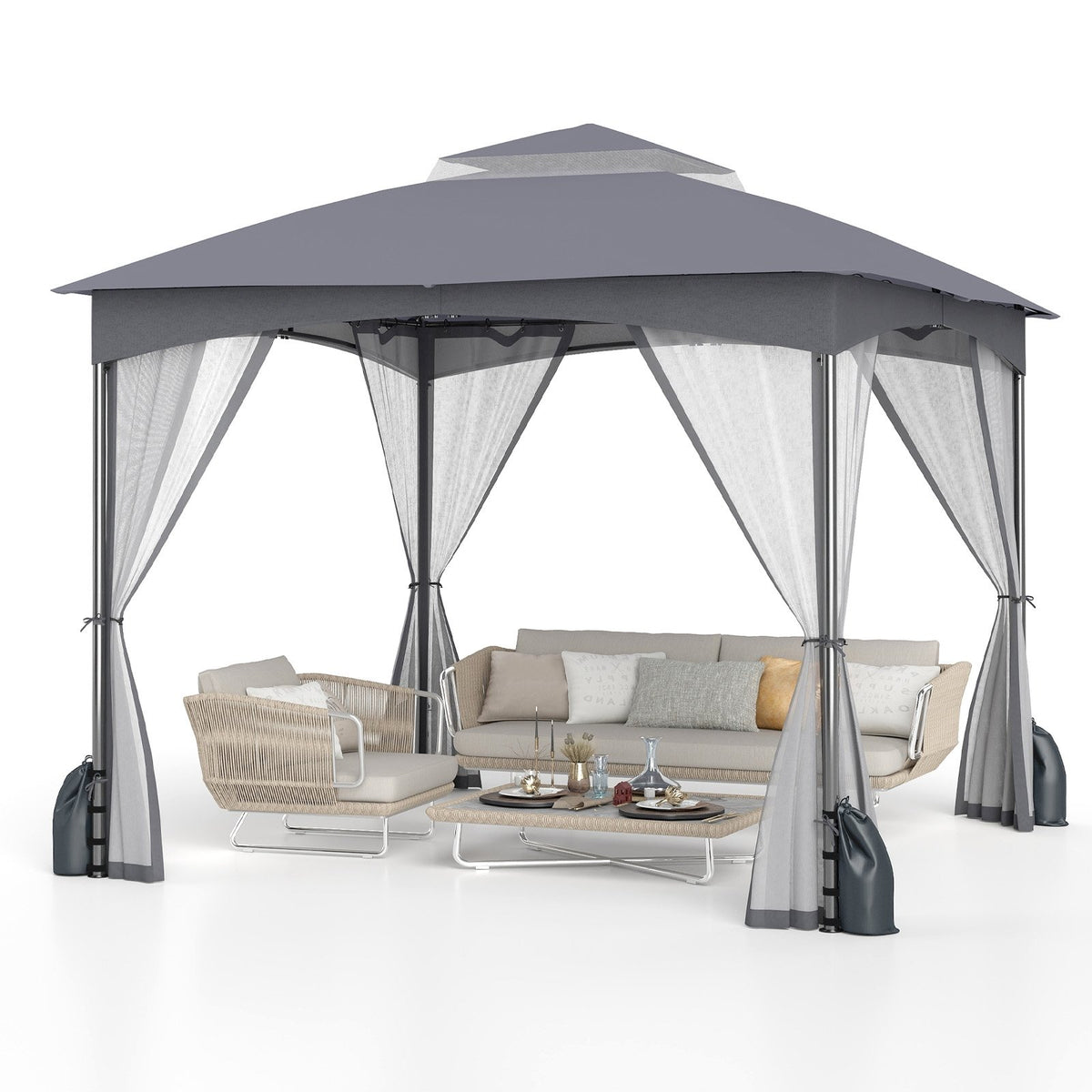 10 X 10 FT Heavy-Duty Patio Gazebo with Netting Walls and 4 Sandbags-Gray view 4