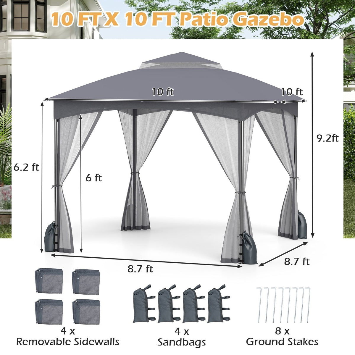 10 X 10 FT Heavy-Duty Patio Gazebo with Netting Walls and 4 Sandbags-Gray view 5