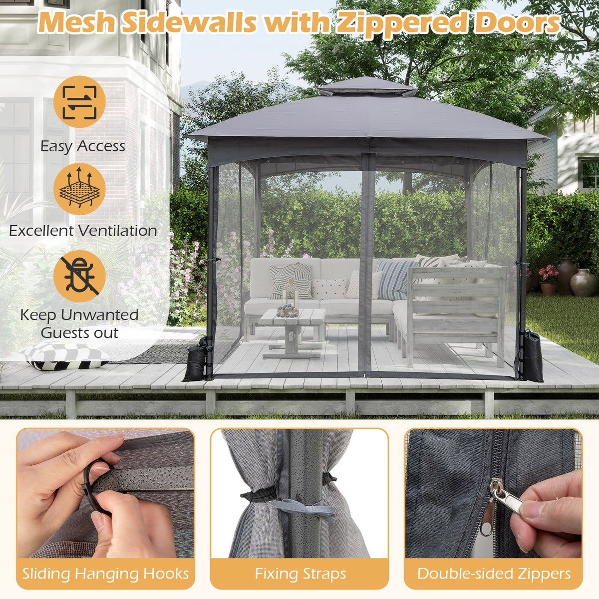 10 X 10 FT Heavy-Duty Patio Gazebo with Netting Walls and 4 Sandbags-Gray view 7