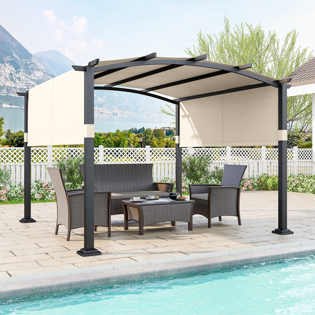 10 x 10 ft Outdoor Pergola Modern Arched Patio Garden Shelter with Retractable Sunshade Canopy-Beige view 2