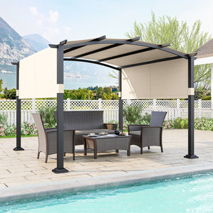 10 x 10 ft Outdoor Pergola Modern Arched Patio Garden Shelter with Retractable Sunshade Canopy-Beige view 2