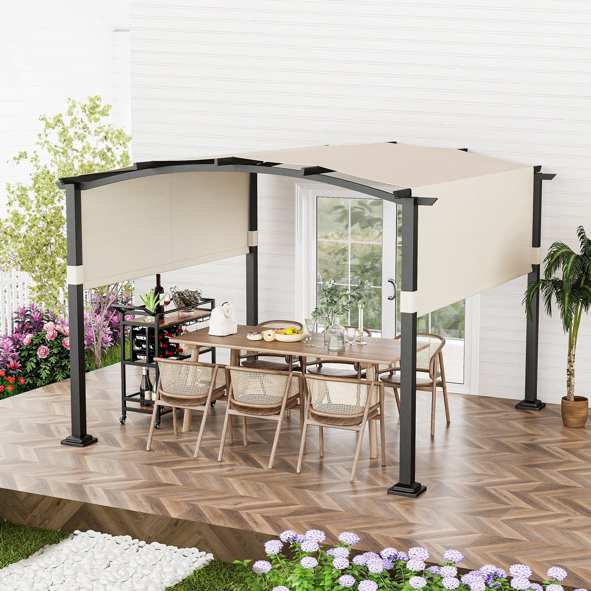 10 x 10 ft Outdoor Pergola Modern Arched Patio Garden Shelter with Retractable Sunshade Canopy-Beige view 3