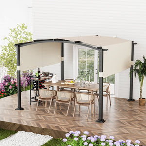 10 x 10 ft Outdoor Pergola Modern Arched Patio Garden Shelter with Retractable Sunshade Canopy-Beige view 3
