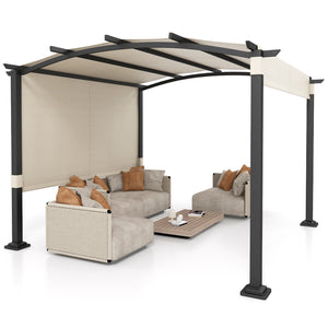 10 x 10 ft Outdoor Pergola Modern Arched Patio Garden Shelter with Retractable Sunshade Canopy-Beige view 4