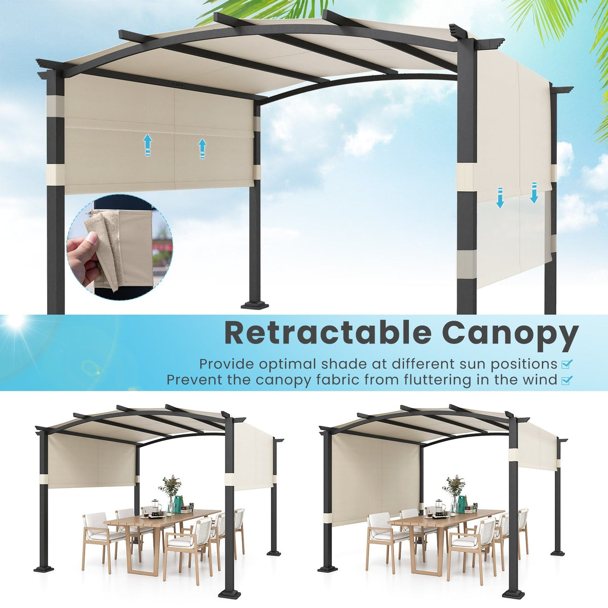 10 x 10 ft Outdoor Pergola Modern Arched Patio Garden Shelter with Retractable Sunshade Canopy-Beige view 6