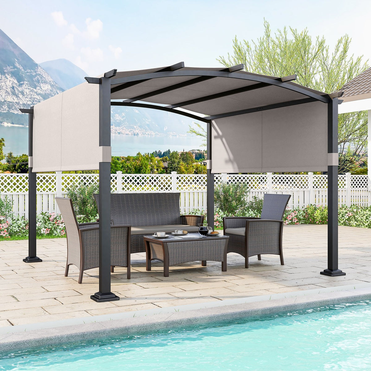 10 x 10 ft Outdoor Pergola Modern Arched Patio Garden Shelter with Retractable Sunshade Canopy-Gray view 2