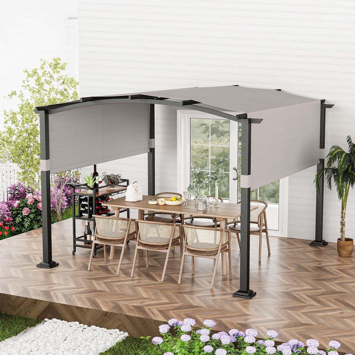 10 x 10 ft Outdoor Pergola Modern Arched Patio Garden Shelter with Retractable Sunshade Canopy-Gray view 3