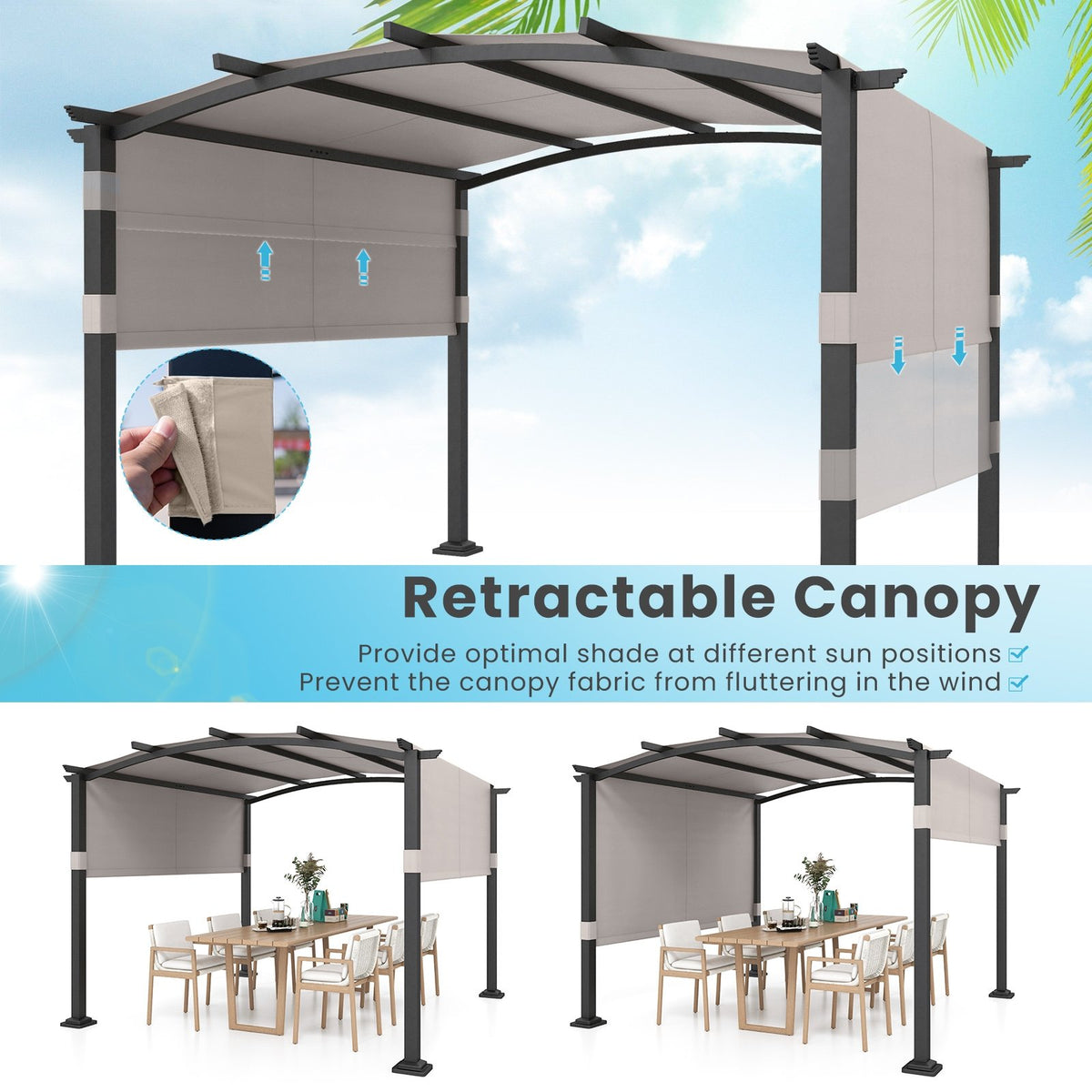 10 x 10 ft Outdoor Pergola Modern Arched Patio Garden Shelter with Retractable Sunshade Canopy-Gray view 6