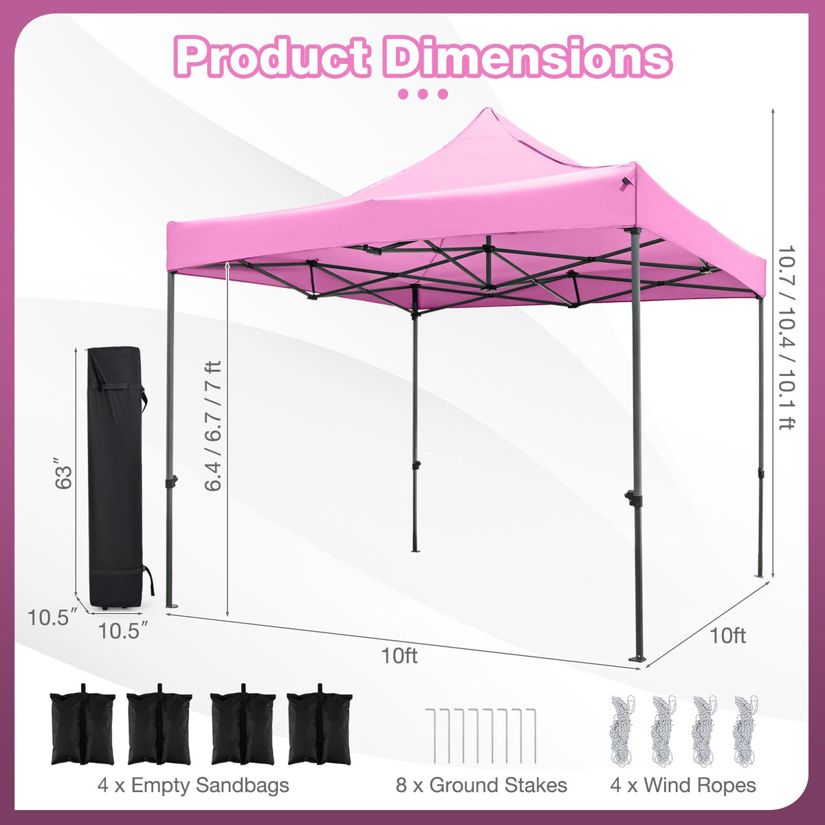 10 x 10 FT Outdoor Pop up Canopy Tent Easy Setup Gazebo Shelter with Wheeled Bag-Pink view 5