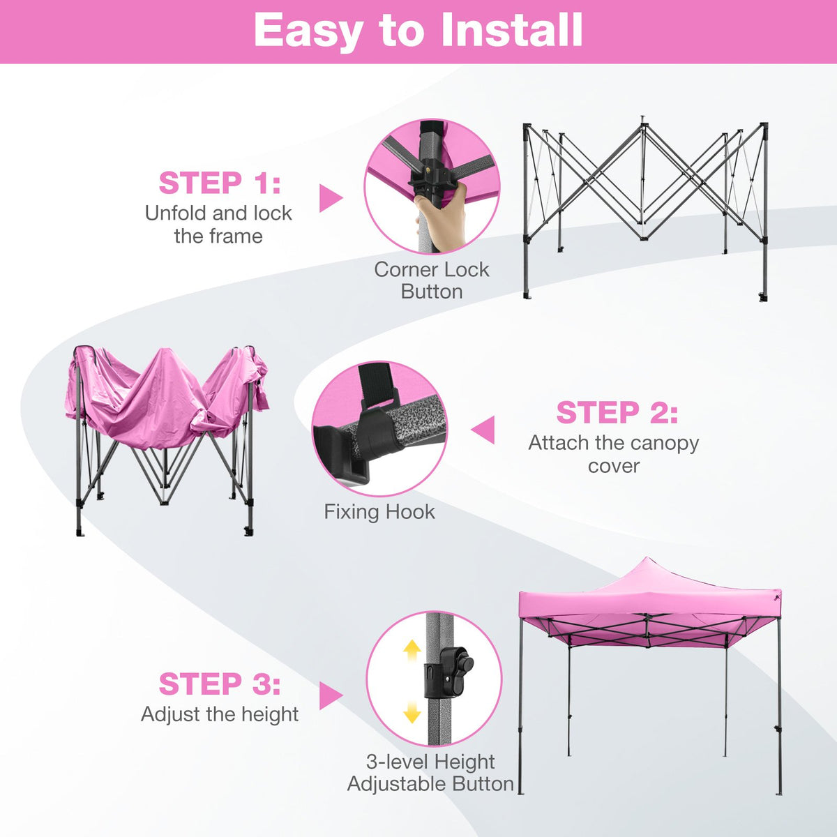 10 x 10 FT Outdoor Pop up Canopy Tent Easy Setup Gazebo Shelter with Wheeled Bag-Pink view 8