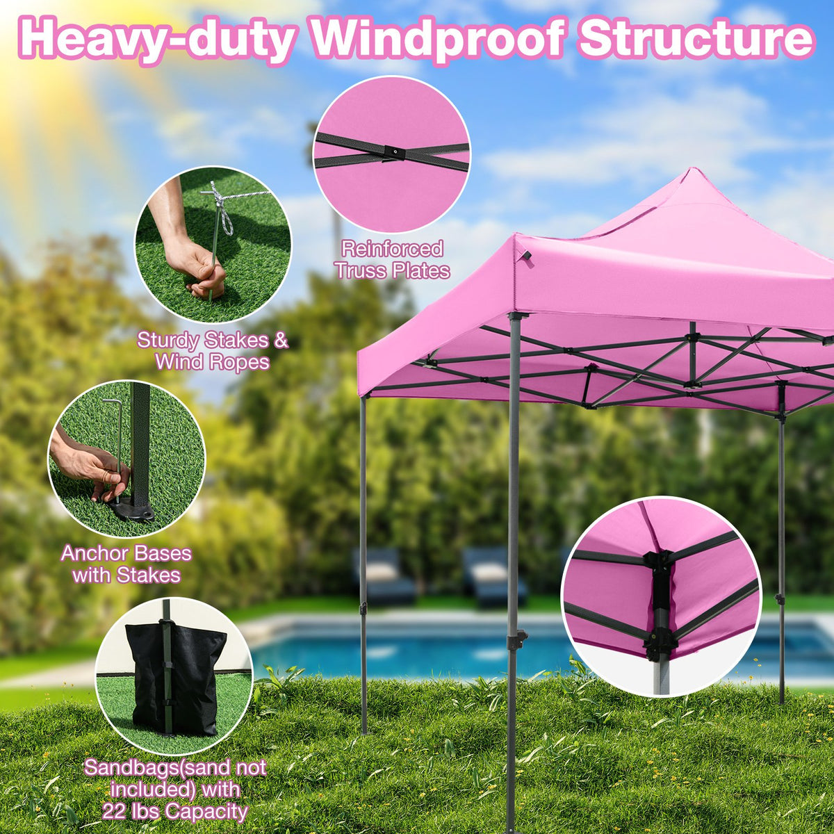 10 x 10 FT Outdoor Pop up Canopy Tent Easy Setup Gazebo Shelter with Wheeled Bag-Pink view 9