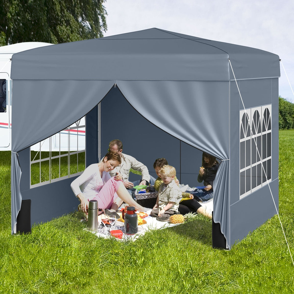 10 X 10 FT Pop up Canopy Tent Outdoor Patio Commercial Sunshade Shelter with 4 Sidewalls-Gray view 2