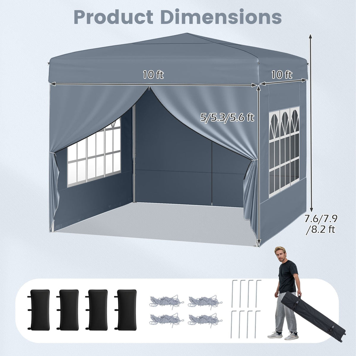 10 X 10 FT Pop up Canopy Tent Outdoor Patio Commercial Sunshade Shelter with 4 Sidewalls-Gray view 4