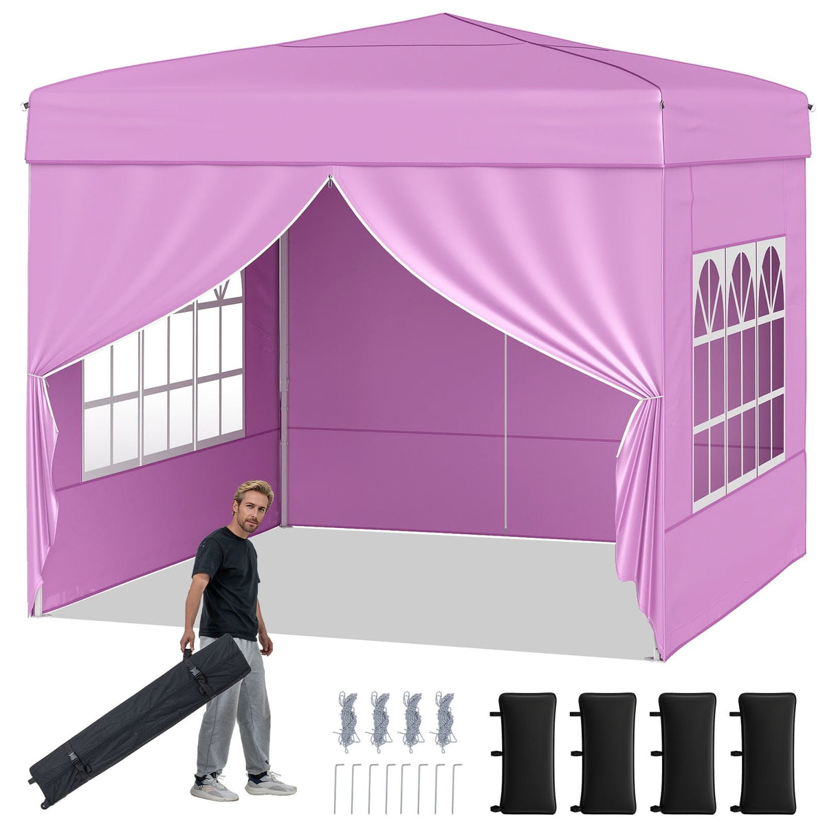 10 X 10 FT Pop up Canopy Tent Outdoor Patio Commercial Sunshade Shelter with 4 Sidewalls-Pink