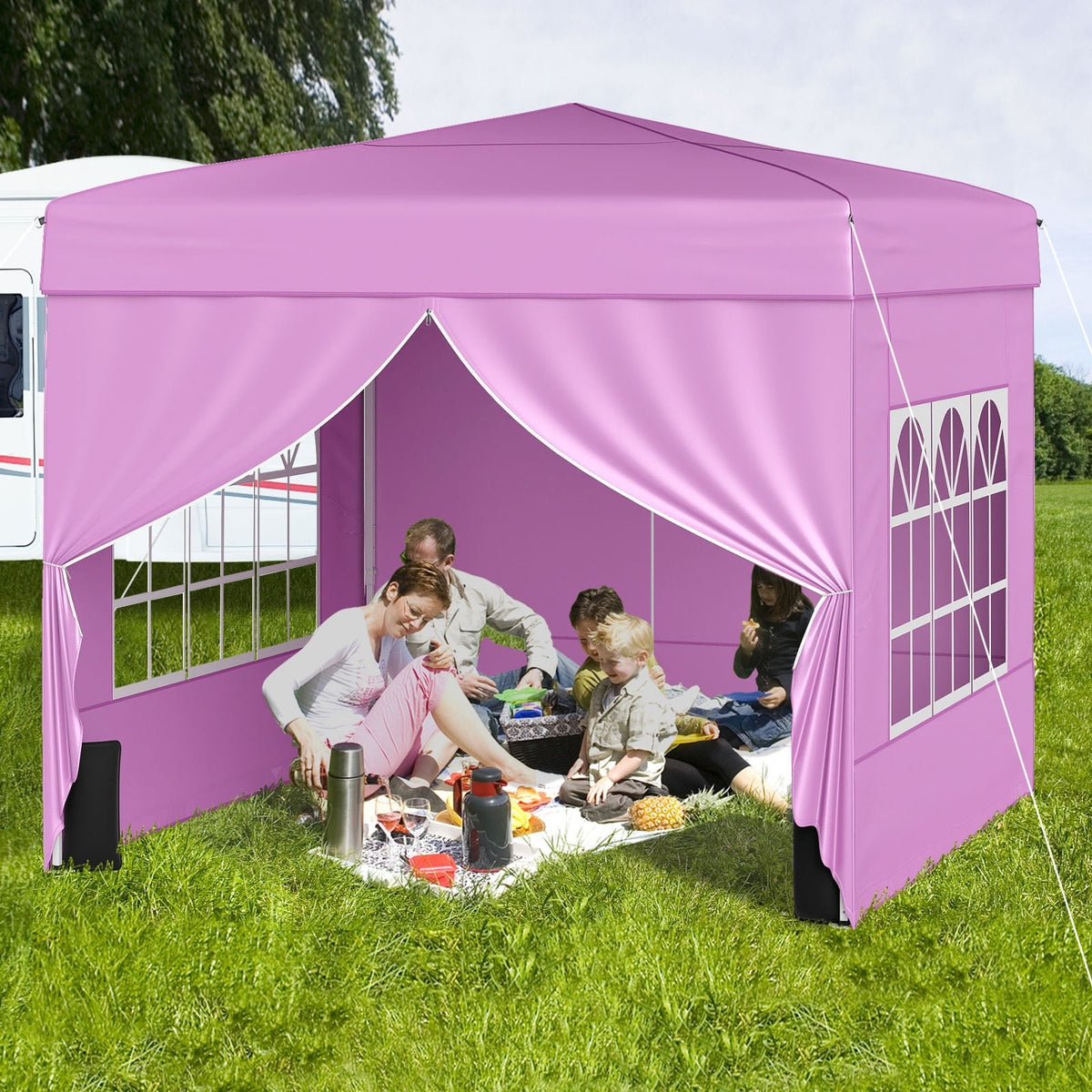 10 X 10 FT Pop up Canopy Tent Outdoor Patio Commercial Sunshade Shelter with 4 Sidewalls-Pink view 2