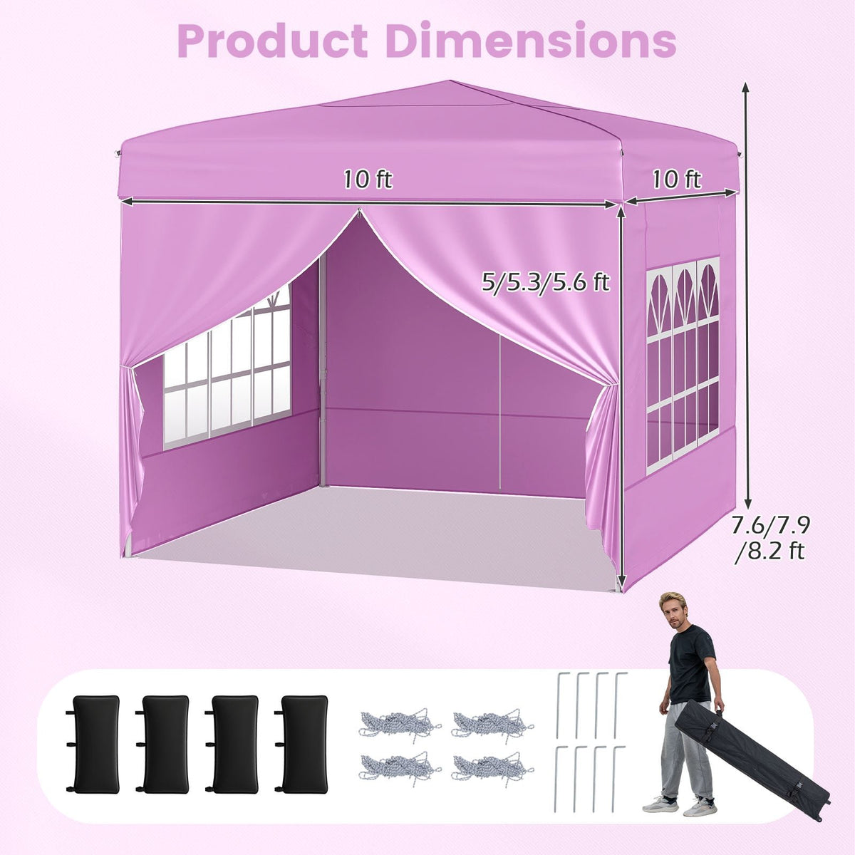 10 X 10 FT Pop up Canopy Tent Outdoor Patio Commercial Sunshade Shelter with 4 Sidewalls-Pink view 4