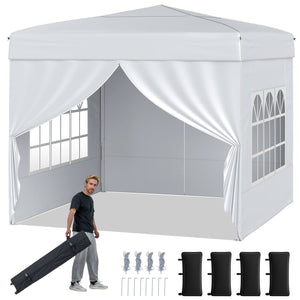 10 X 10 FT Pop up Canopy Tent Outdoor Patio Commercial Sunshade Shelter with 4 Sidewalls-White