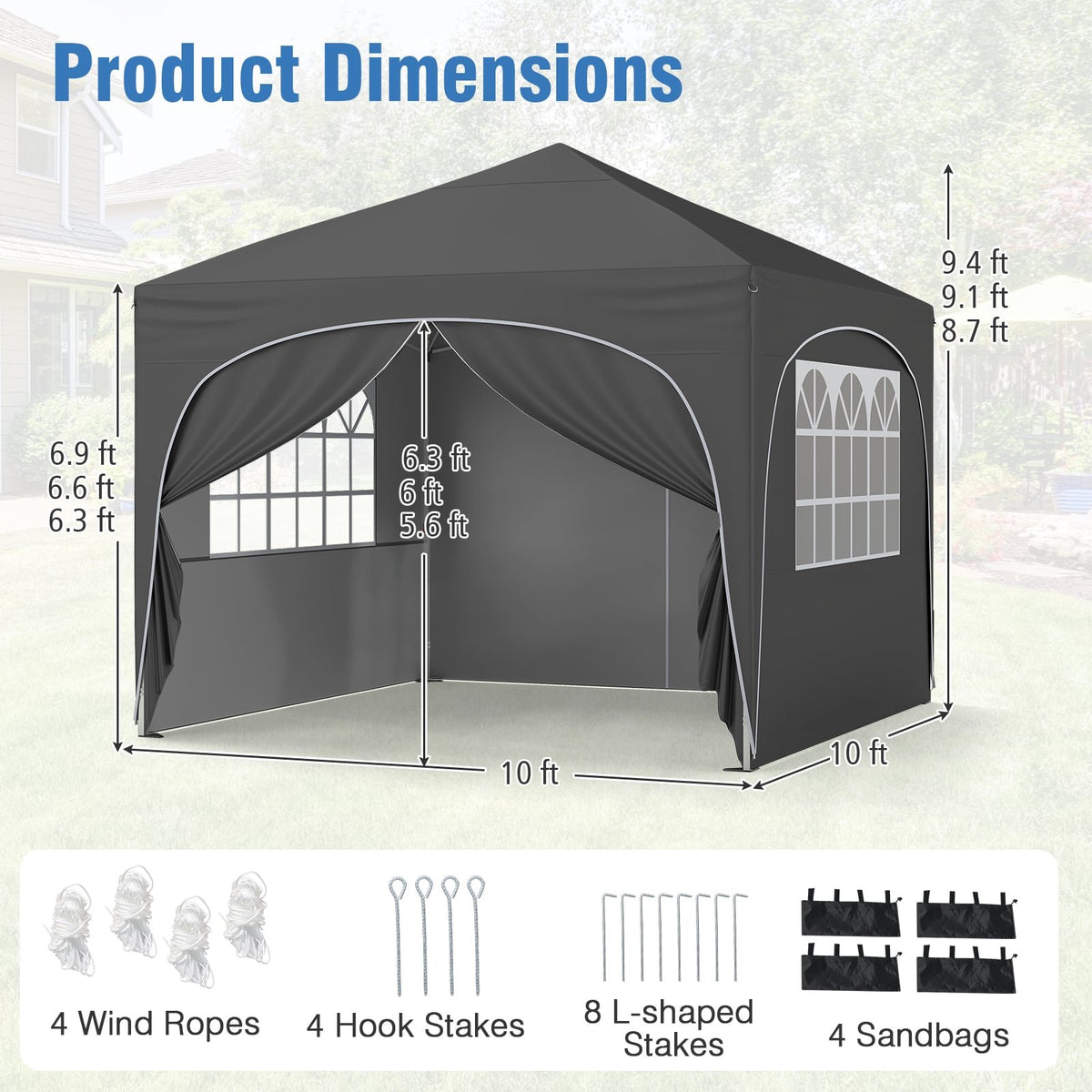 10 X 10 FT Pop up Canopy Tent with 4 Removable Sidewall-Gray view 4