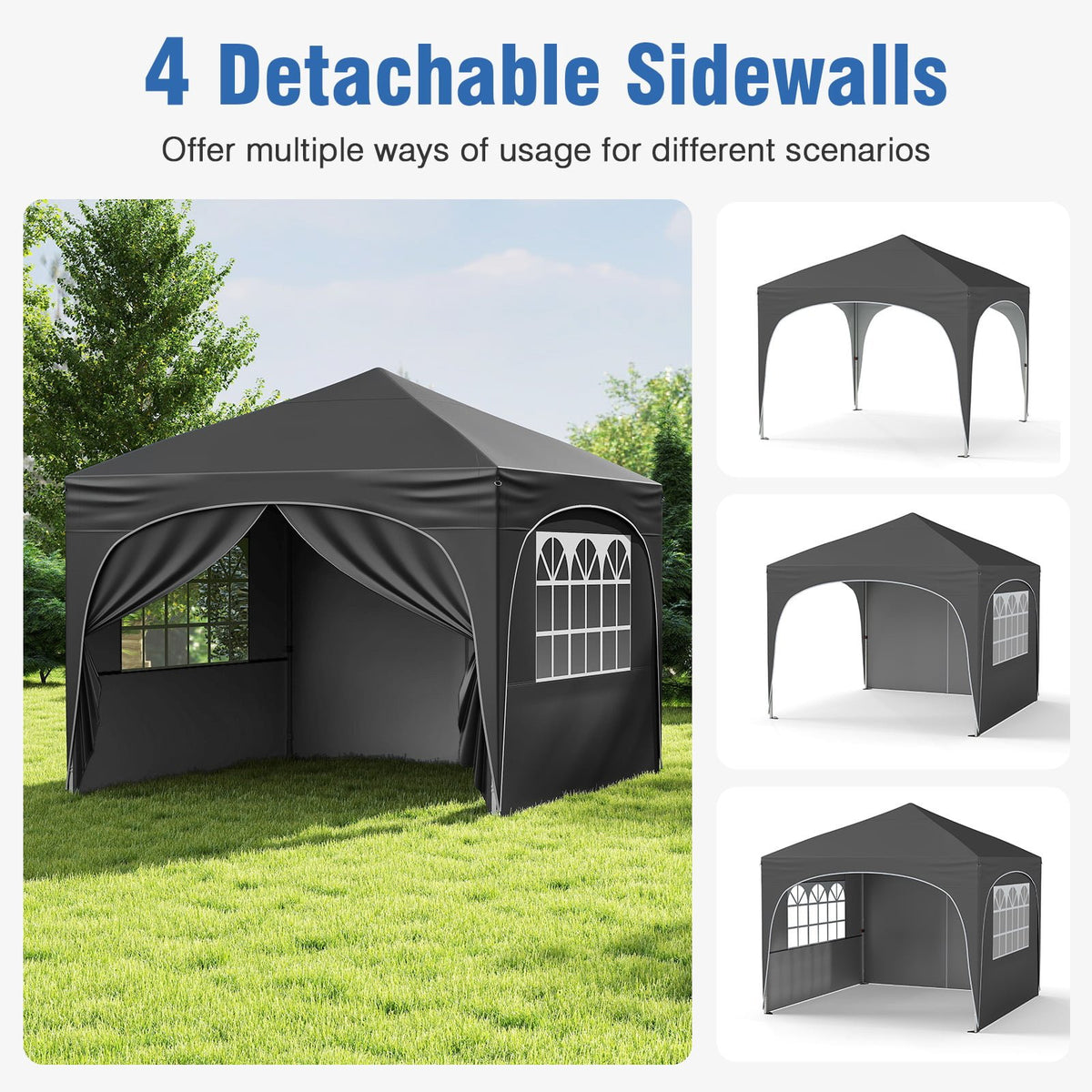 10 X 10 FT Pop up Canopy Tent with 4 Removable Sidewall-Gray view 6