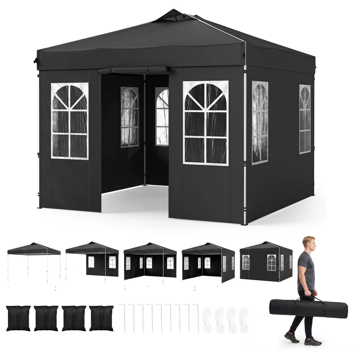 10 x 10 FT Pop Up Canopy Tent with 4 Sidewalls and Adjustable Height Waterproof-Black
