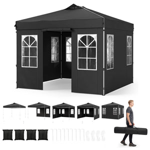 10 x 10 FT Pop Up Canopy Tent with 4 Sidewalls and Adjustable Height Waterproof-Black