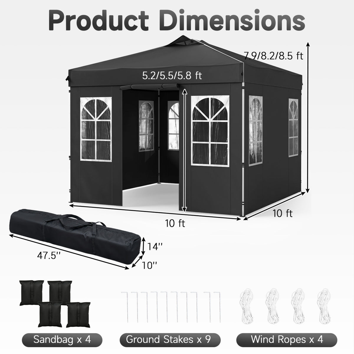 10 x 10 FT Pop Up Canopy Tent with 4 Sidewalls and Adjustable Height Waterproof-Black view 3